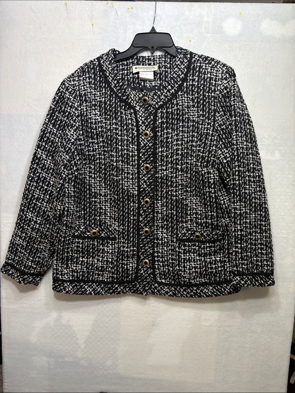 Appleseed's Black & White Tweed Button Jacket with Gold Buttons EUC Size 16